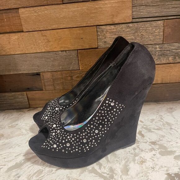 Y2K VTG D Women Black Sparkly Wedges Size 9 Rhinestone Winter Formal Prom Shoes - Picture 3 of 5